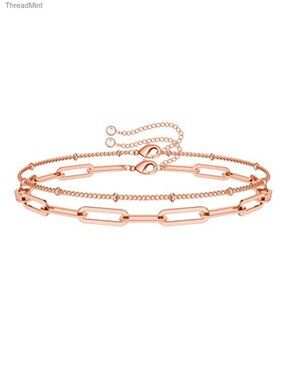 14K Gold Plated Adjustable Layered Beaded Bracelet Dainty Chain Bracelet